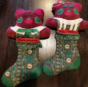 Lot Of 2 Vintage Festive Plush Teddy Bear Christmas Stockings - Boy & Girl